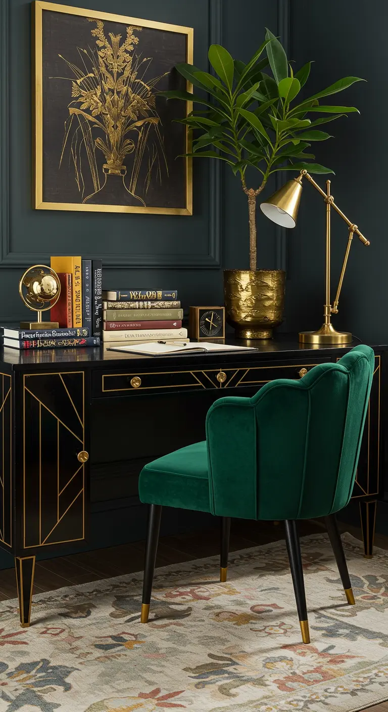 Escritorio negro con detalles dorados, silla de terciopelo verde y una planta exótica.
