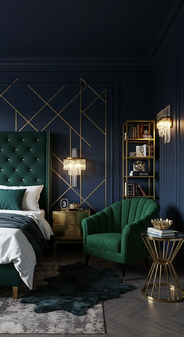 Dormitorio Art Déco con pared azul oscuro, líneas doradas y butaca de terciopelo verde.