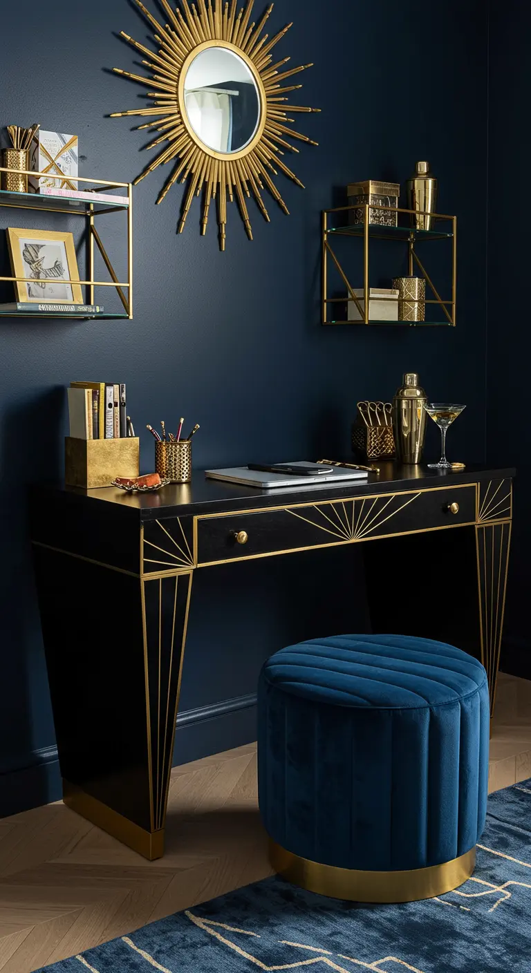 Escritorio de estilo Art Déco negro y dorado, con paredes azul marino y espejo en forma de sol.