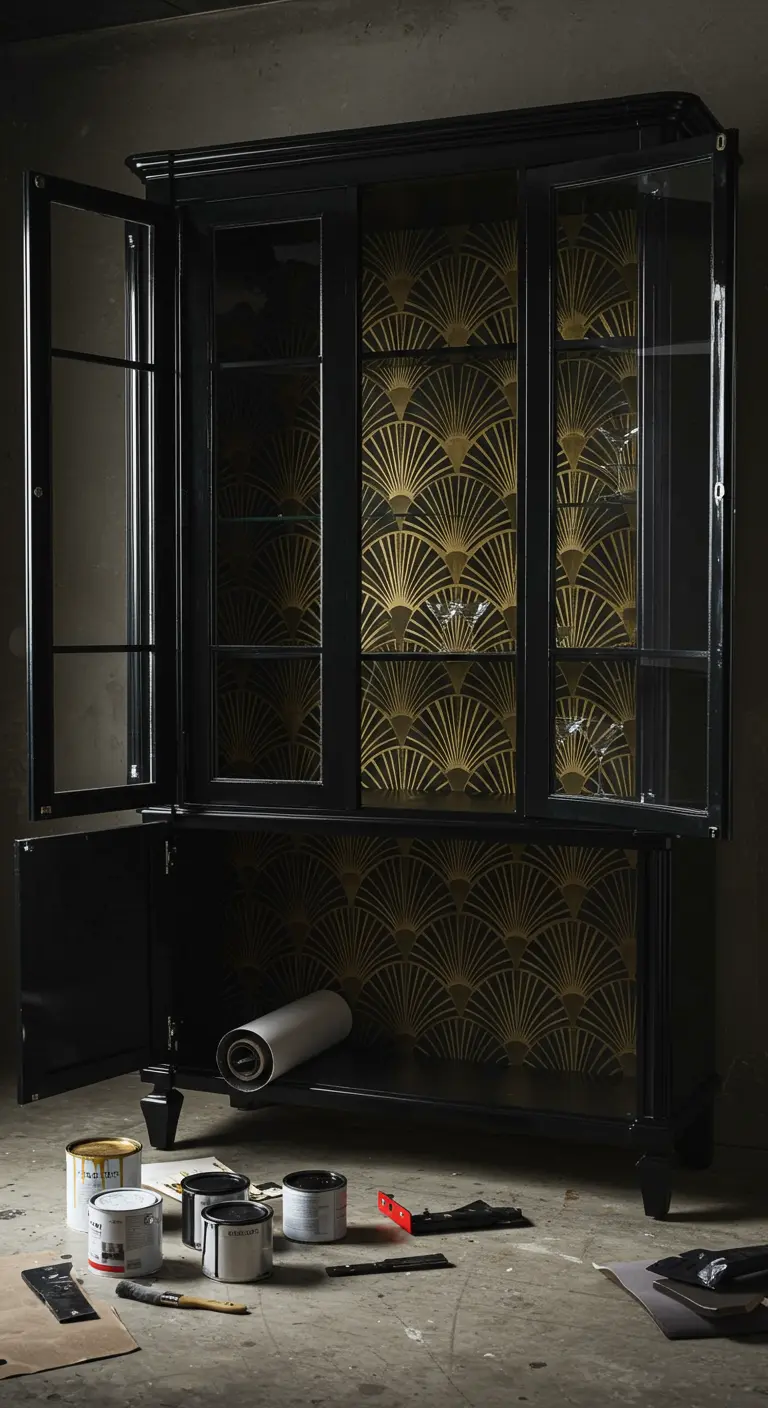 Vitrina negra con puertas de cristal y el fondo forrado con un elegante papel tapiz Art Decó dorado y negro.