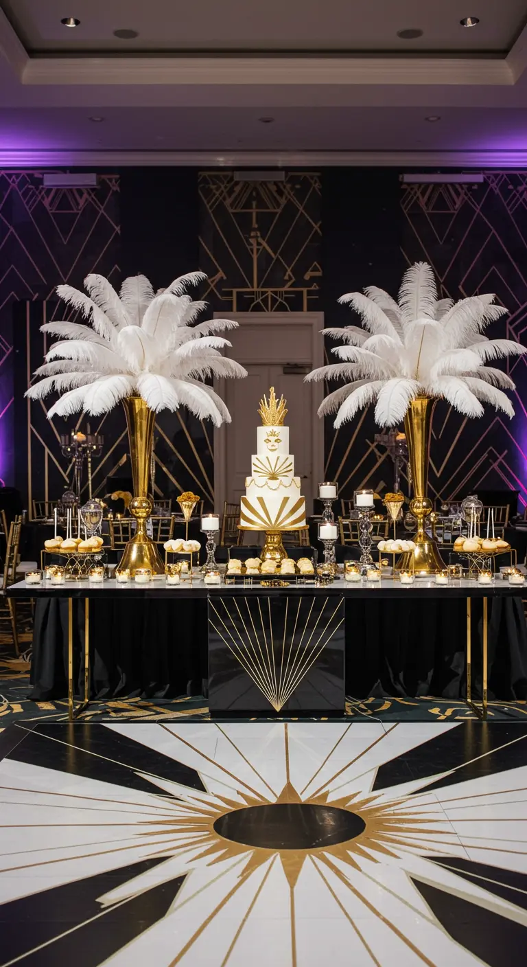 Mesa de postres Art Déco en blanco, negro y dorado con grandes plumas blancas.