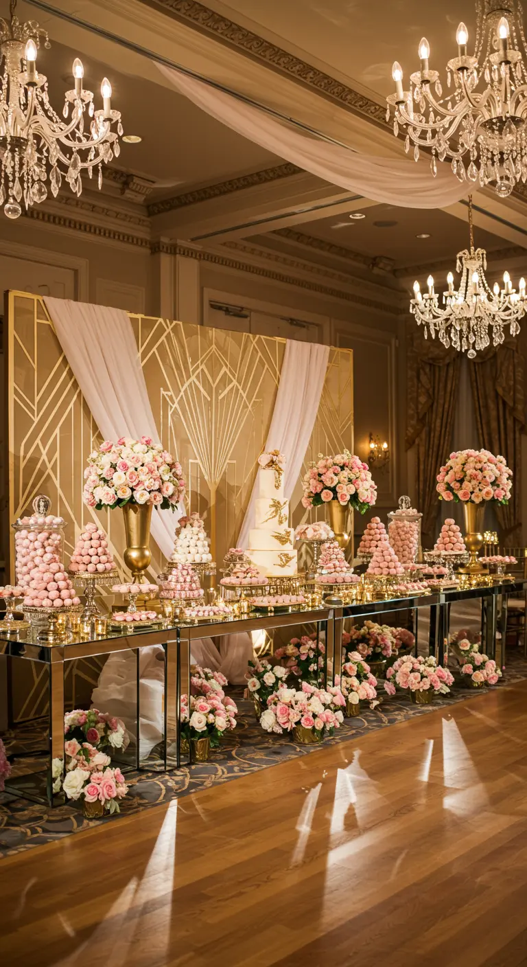 Candy bar de boda de lujo con fondo Art Déco dorado, flores rosas y candelabros.