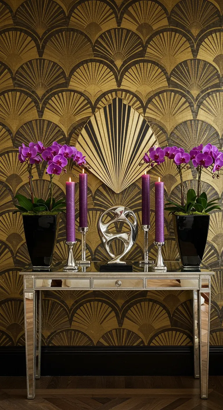 Consola de espejo estilo Art Decó con orquídeas moradas, velas y papel pintado geométrico.