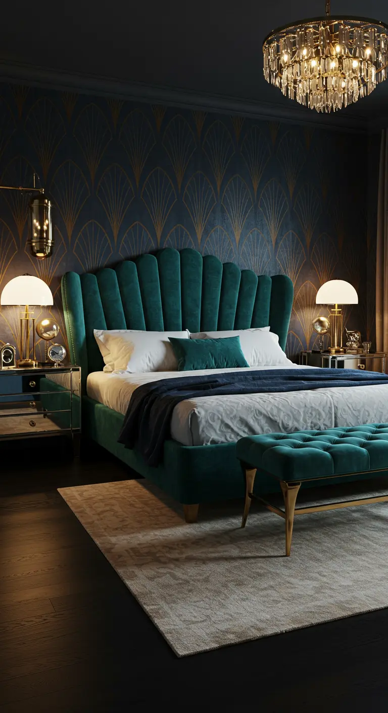 Dormitorio Art Decó con cabecero de terciopelo verde, papel pintado geométrico y detalles dorados