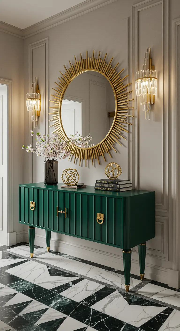 Recibidor Art Déco con consola verde esmeralda, espejo sol dorado y suelo de mármol geométrico