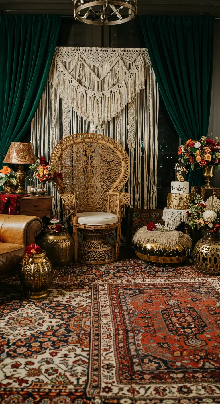 Rincón de fiesta boho glam con silla pavo real, cortinas de terciopelo y macramé.