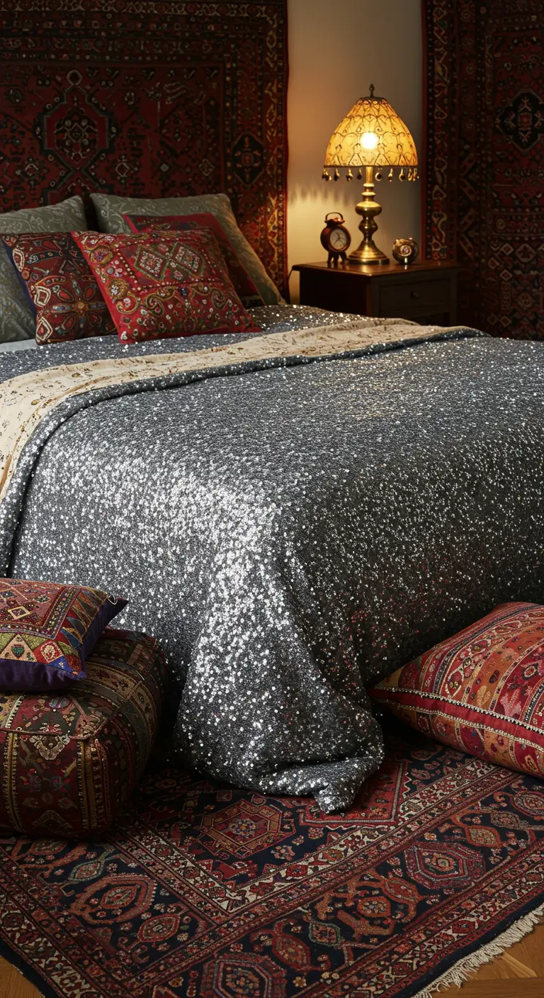 Dormitorio bohemio con alfombras kilim, cojines étnicos y una colcha de lentejuelas plateadas.