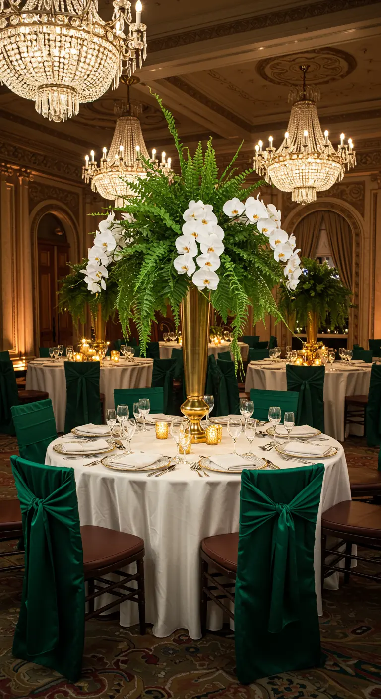 Mesa de gala redonda con un enorme centro de mesa de helechos y orquídeas en un jarrón dorado.