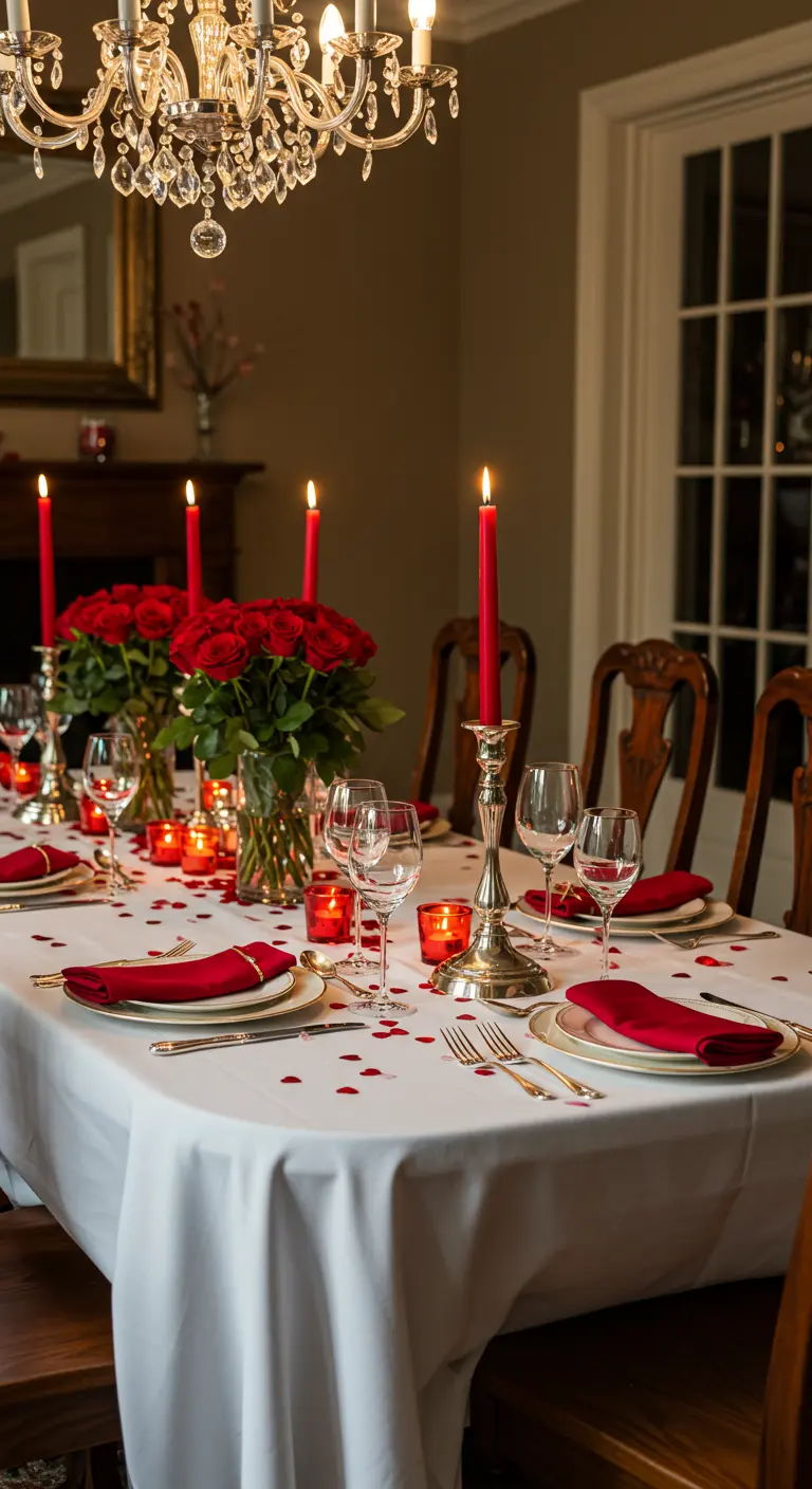 Mesa de comedor formal para San Valentín con rosas rojas, velas y confeti de corazones.