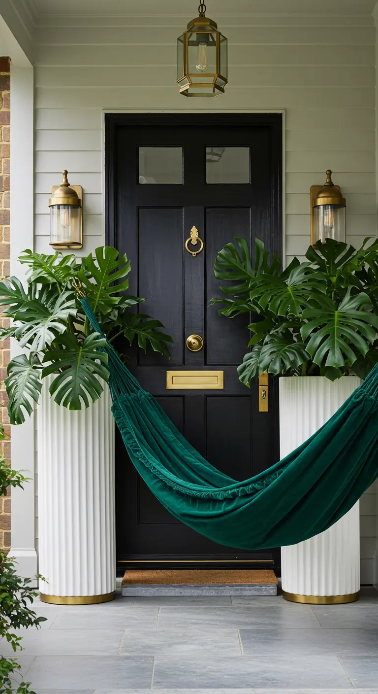 Entrada elegante con una puerta negra, una hamaca de terciopelo verde y dos maceteros en forma de columna.