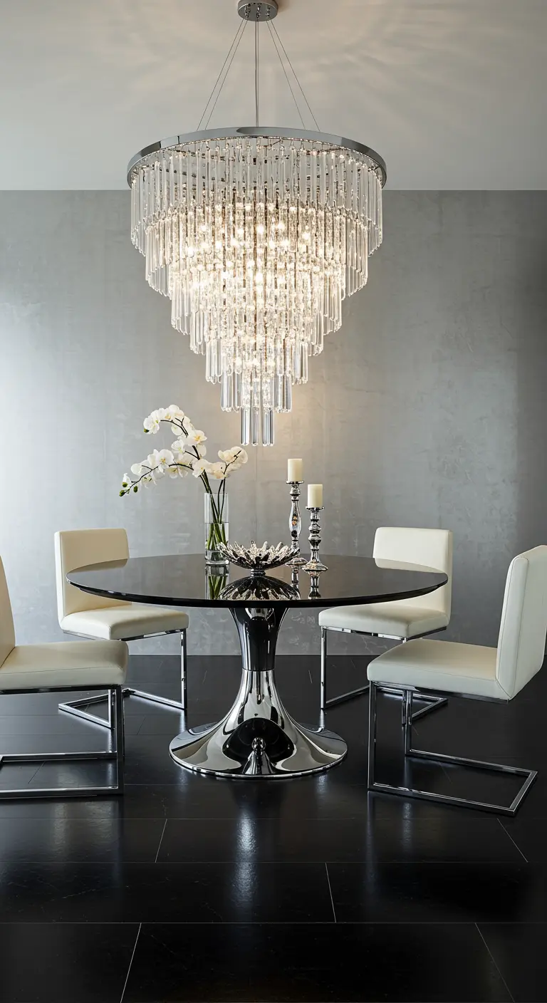 Comedor contemporáneo y lujoso con mesa negra y una gran lámpara de araña de cristal.