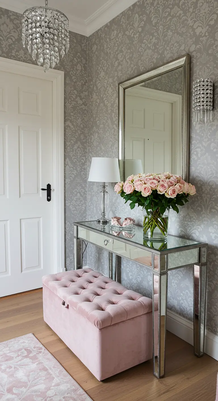Recibidor con papel de damasco gris, consola de espejo y un banco de terciopelo rosa.