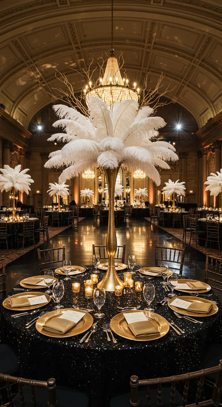 Centro de mesa alto con plumas blancas en un salón de baile de estilo Gran Gatsby.