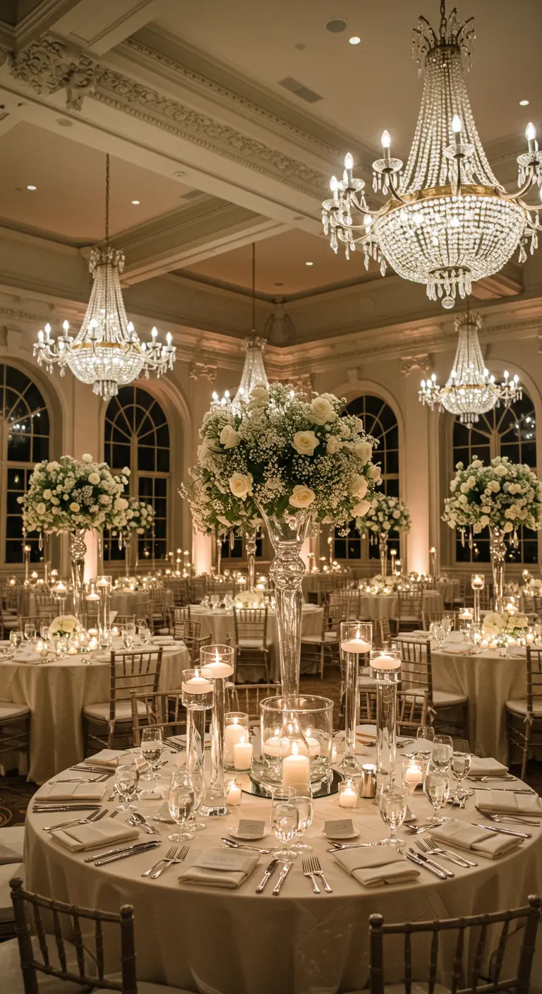 Salón de baile elegante con mesas redondas, rosas blancas y candelabros de cristal.