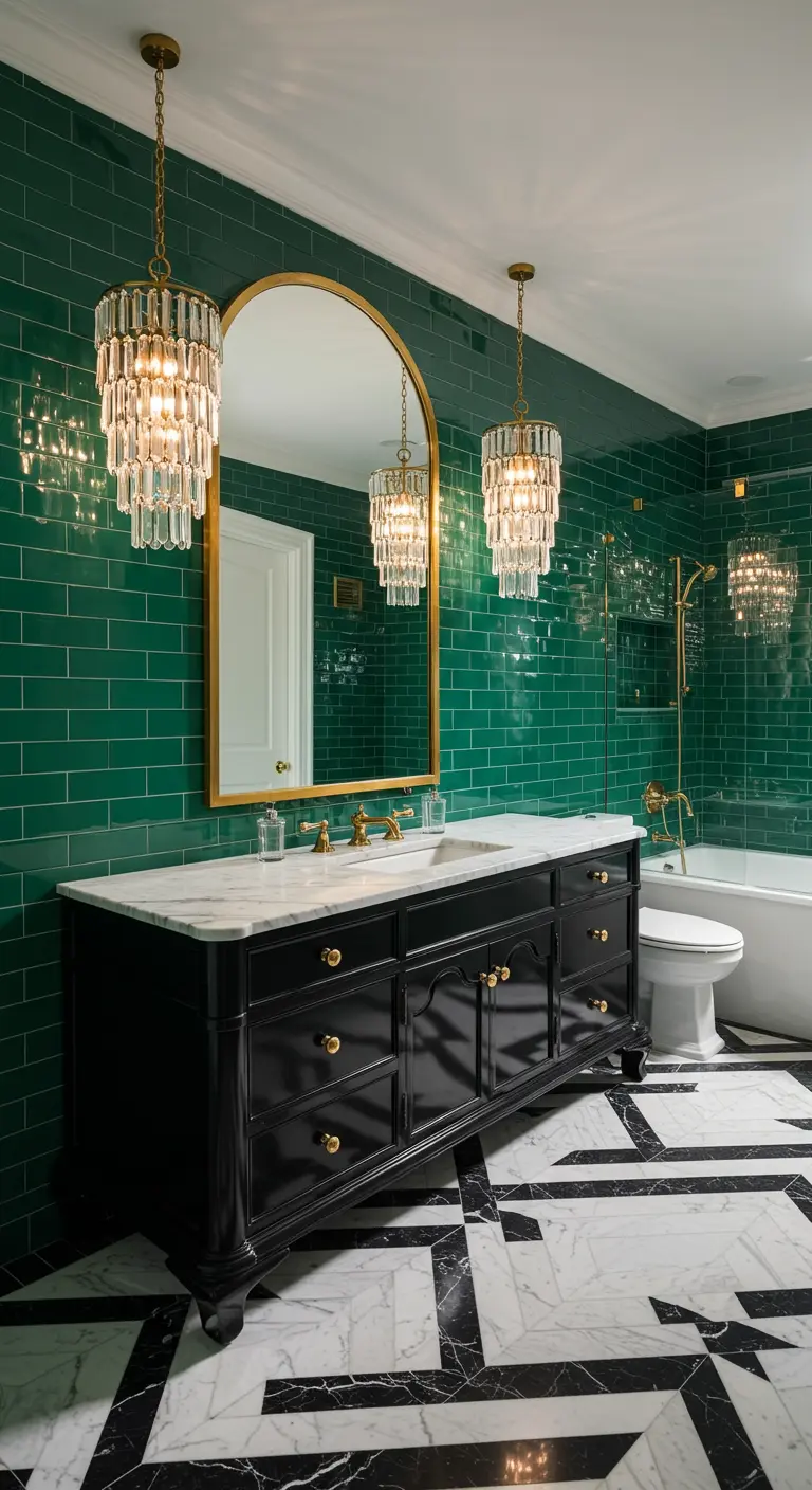 Baño lujoso con azulejos verdes y dos lámparas colgantes de cristal