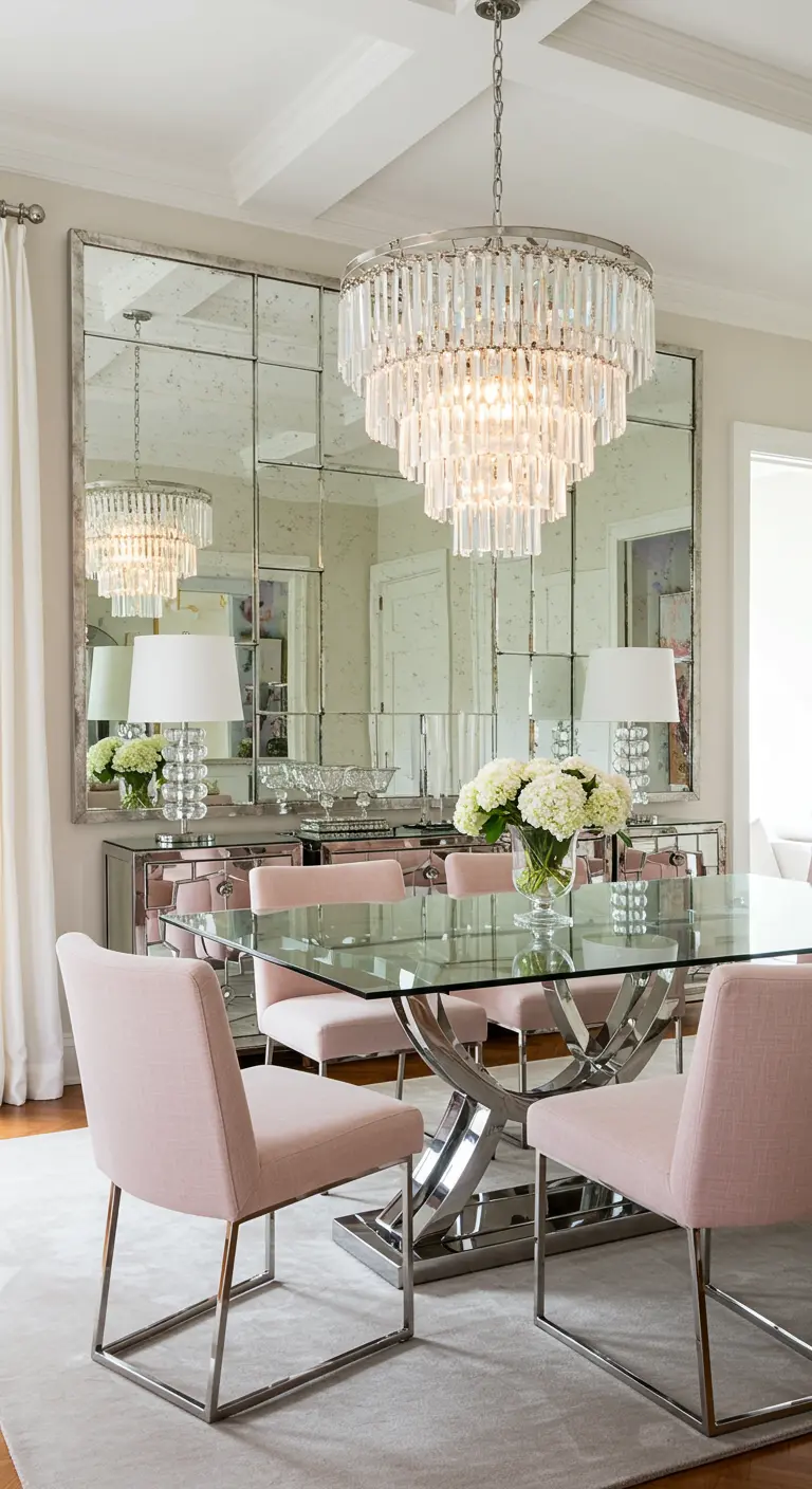 Comedor glamuroso con pared de espejos biselados, lámpara de cristal y sillas rosas
