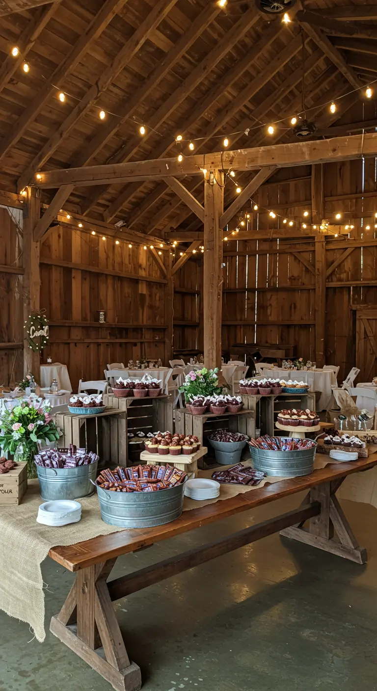 Mesa de chocolates rústica en un granero con vigas de madera y luces colgantes.