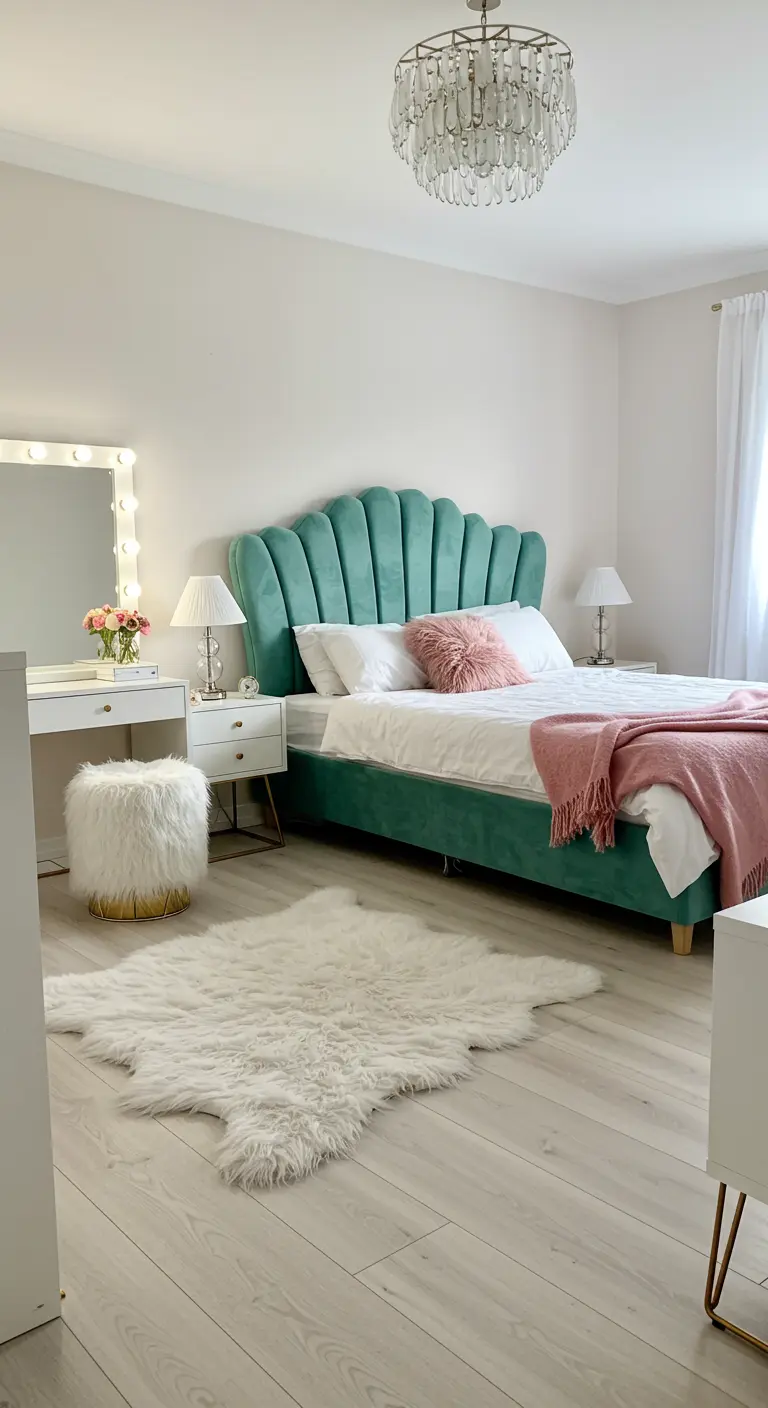 Dormitorio femenino con cabecero de terciopelo verde azulado y un tocador con luces de Hollywood.