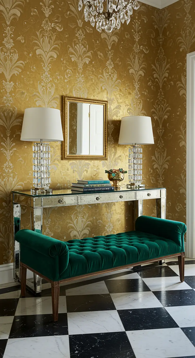 Recibidor glamuroso con papel tapiz dorado, banqueta de terciopelo verde y consola de espejo.
