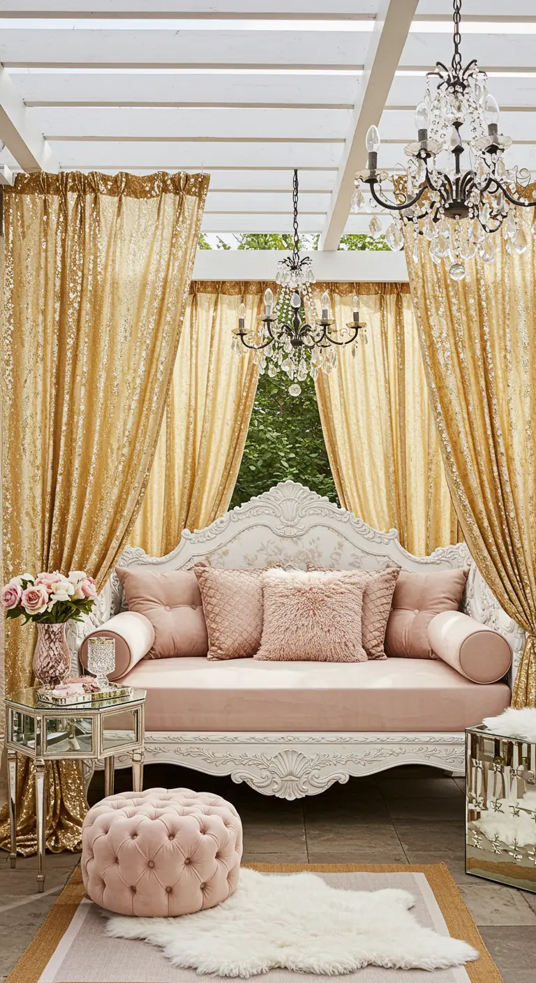 Sofá cama blanco de estilo rococó con cortinas doradas de lentejuelas y cojines rosas.