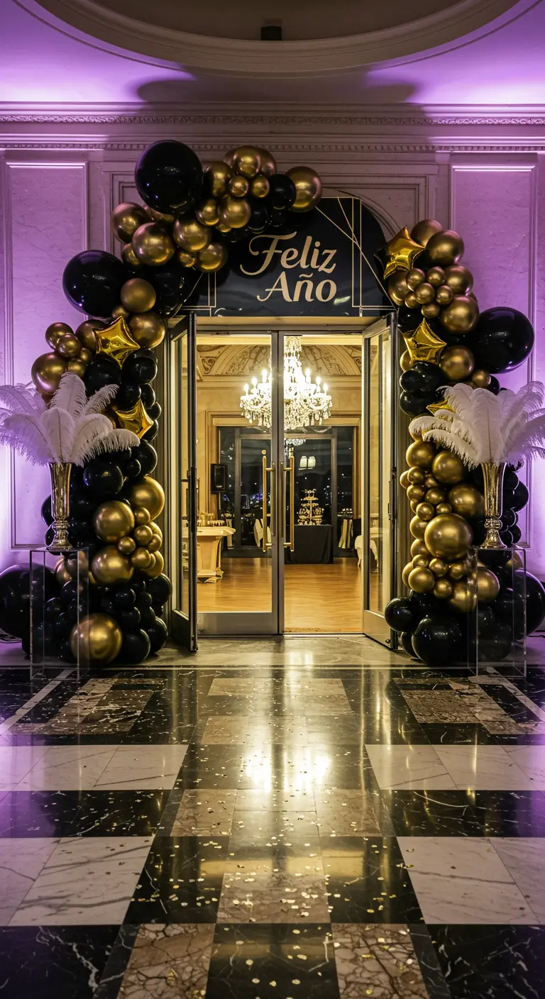 Arco de globos negros y dorados con 'Feliz Año' en la entrada a una fiesta.