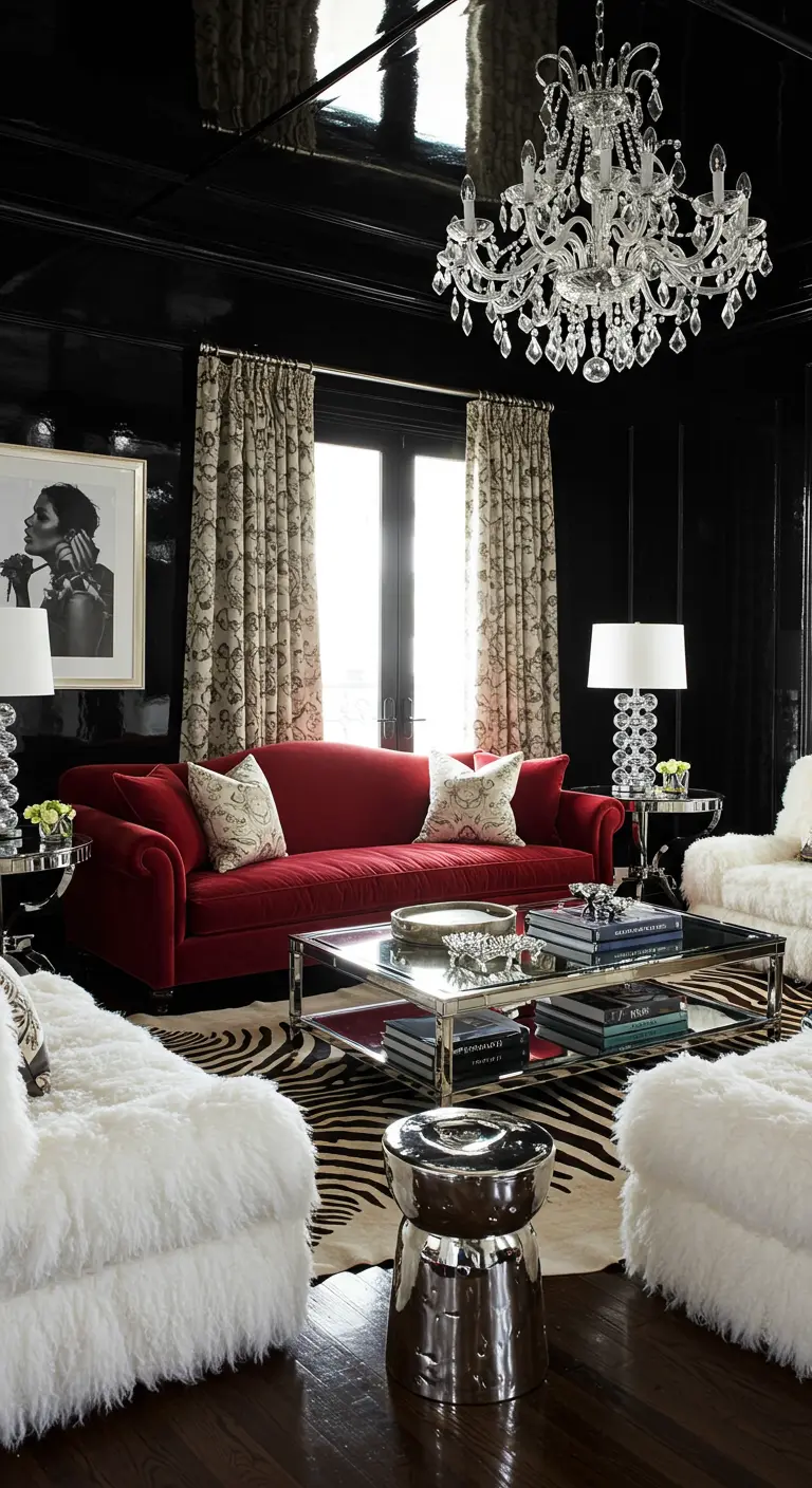 Salón glamuroso con paredes negras, sofá de terciopelo rojo y sillones de pelo blanco.