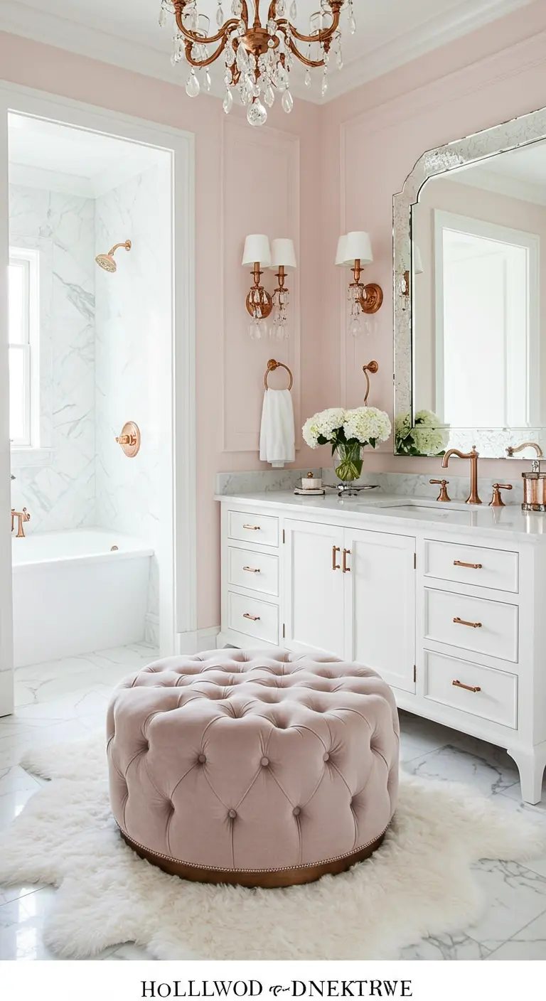 Baño glamuroso con paredes rosas, tocador blanco, puf de terciopelo y detalles de cobre.