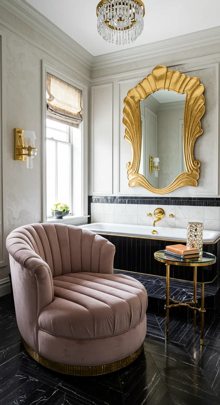 Baño glamuroso con azulejos blancos y negros, sillón rosa de terciopelo y espejo dorado.