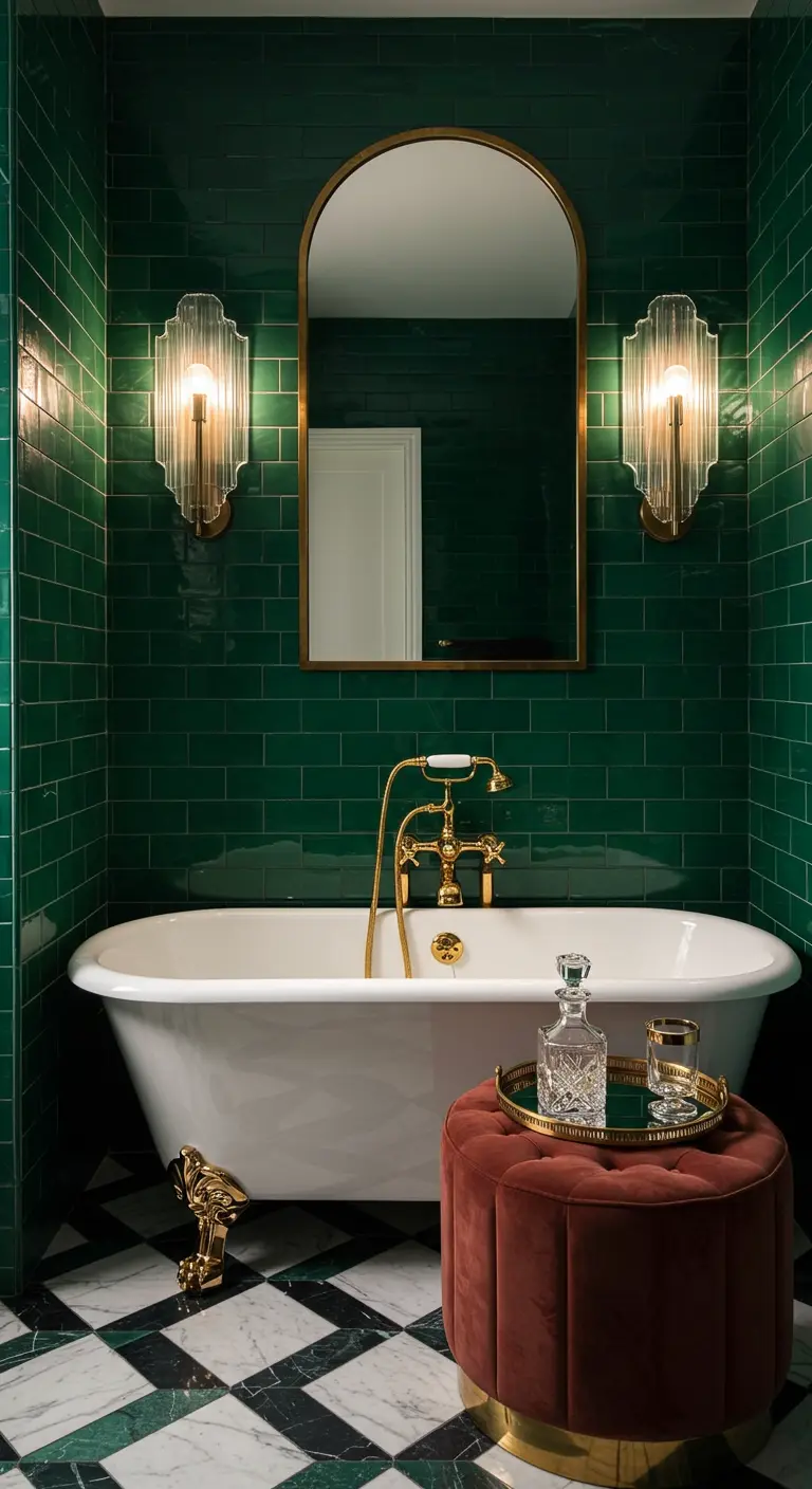 Baño de lujo con azulejos verde esmeralda, grifería dorada y apliques Art Déco de cristal.