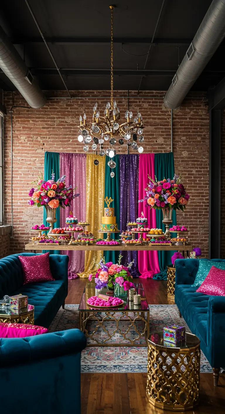 Salón con fondo de lentejuelas de colores y sofás de terciopelo azul para una fiesta Bollywood.