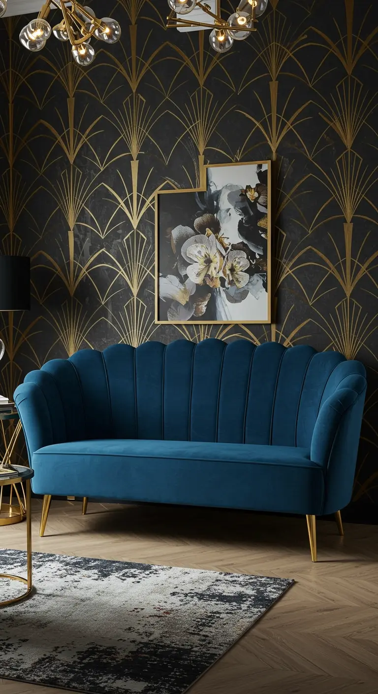 Sofá cama de terciopelo azul con diseño de concha frente a una pared con papel pintado Art Déco.
