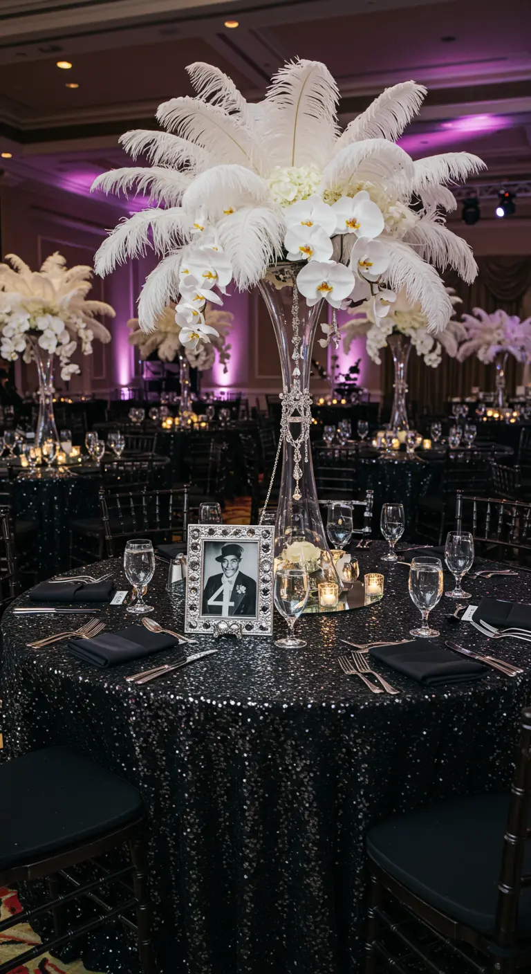 Mesa redonda con mantel de lentejuelas negras, centro de plumas blancas y foto en marco de plata.