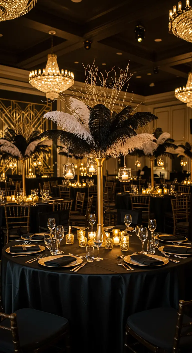 Mesa de fiesta estilo Gran Gatsby con un centro de mesa dorado alto con plumas blancas y negras.