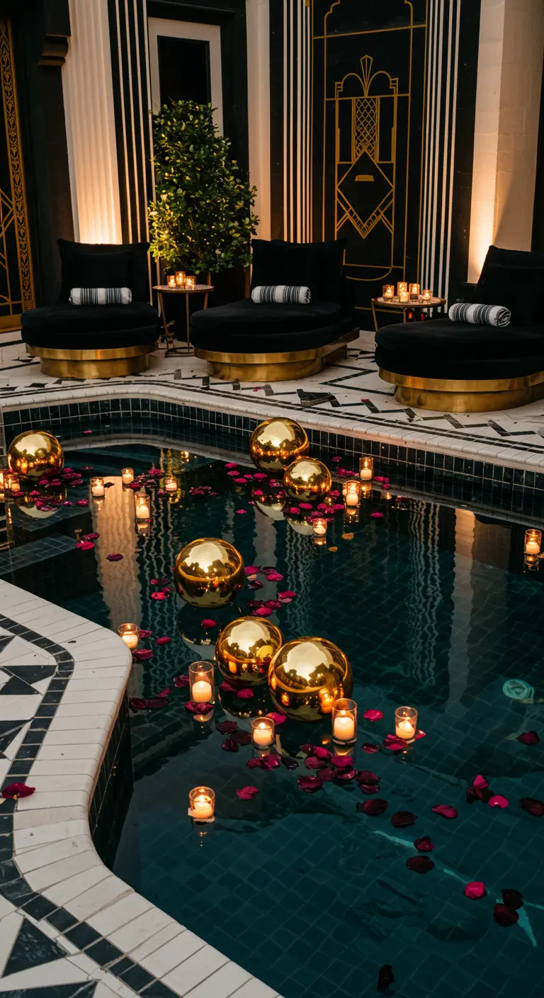 Piscina de estilo Art Déco con esferas doradas flotantes, pétalos rojos y velas.