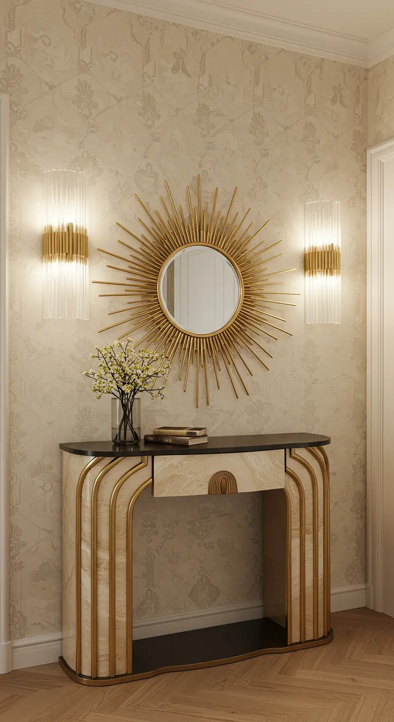 Recibidor Art Déco con espejo sol dorado, consola de mármol y apliques de cristal
