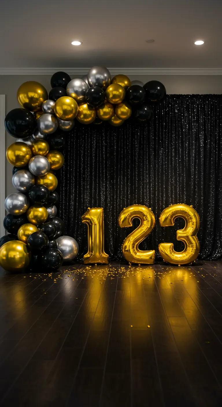 Photocall de Año Nuevo con arco de globos negro, dorado y plateado y fondo de lentejuelas.