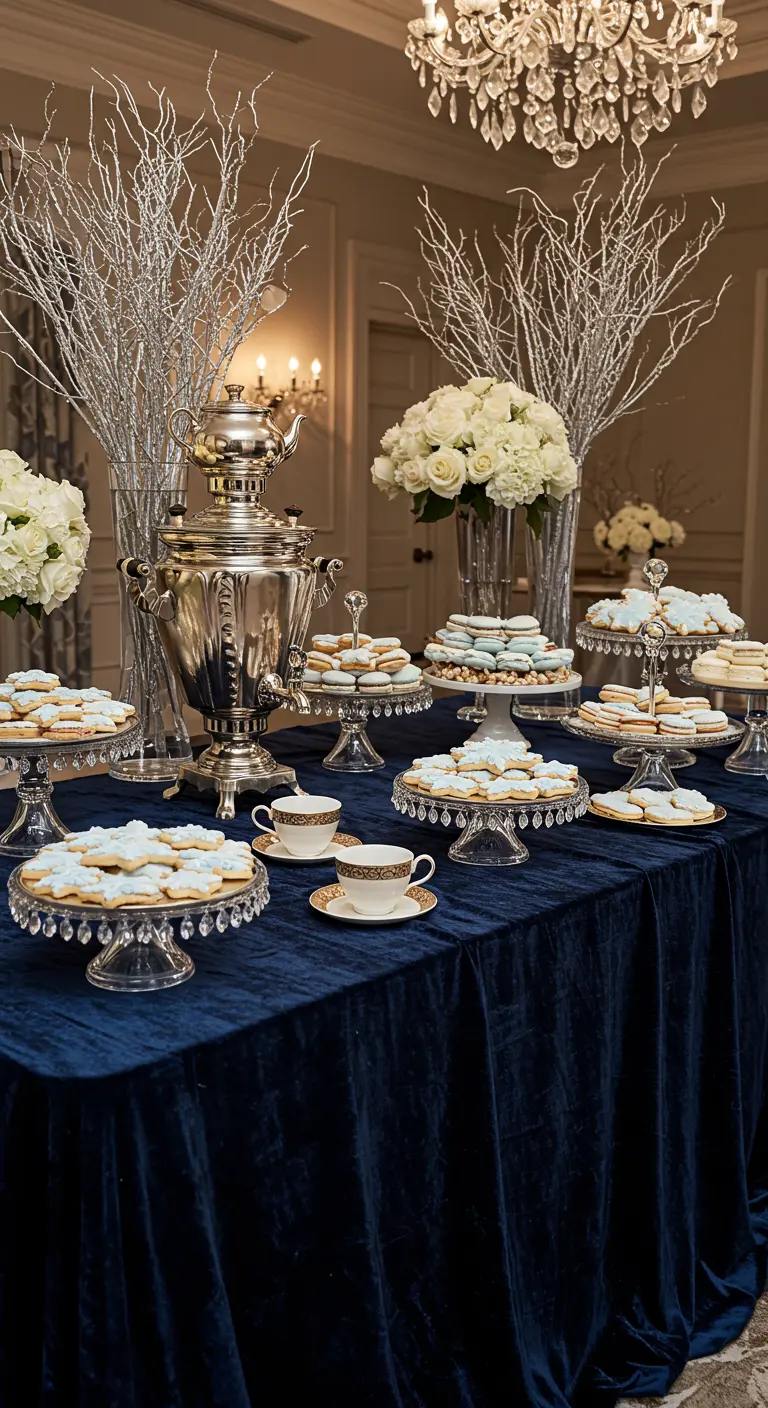 Elegante mesa de postres con mantel de terciopelo azul, vajilla de plata y ramas plateadas decorativas.