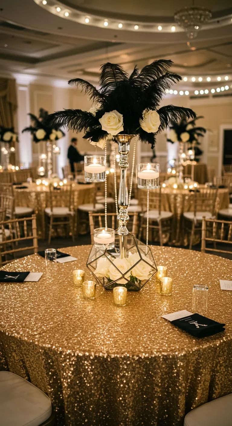 Mesa de fiesta con mantel de lentejuelas doradas, plumas negras y rosas blancas.
