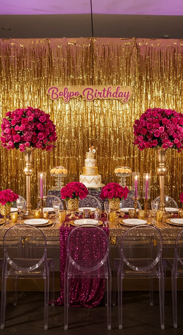 Mesa de cumpleaños elegante con fondo de flecos dorados y grandes arreglos de flores fucsias.
