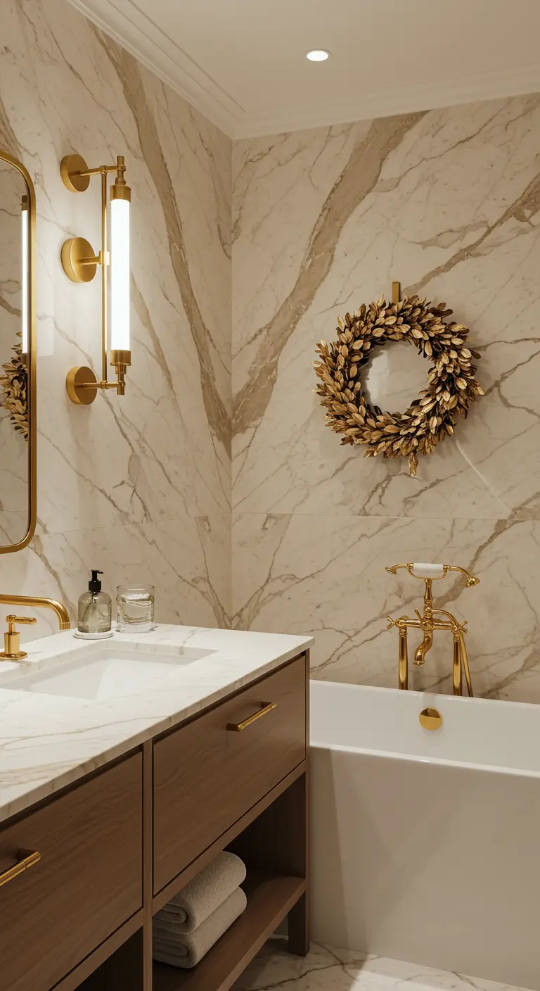 Baño de mármol con grifería dorada y una corona de hojas de metal dorado colgada en la pared.