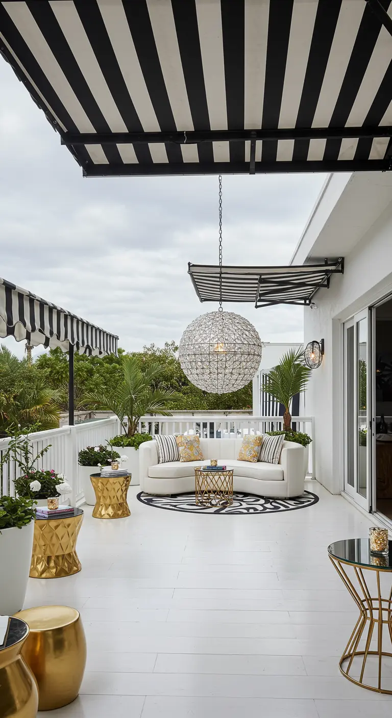 Balcón elegante con toldo de rayas, muebles blancos y dorados y una gran lámpara de bola de cristal.