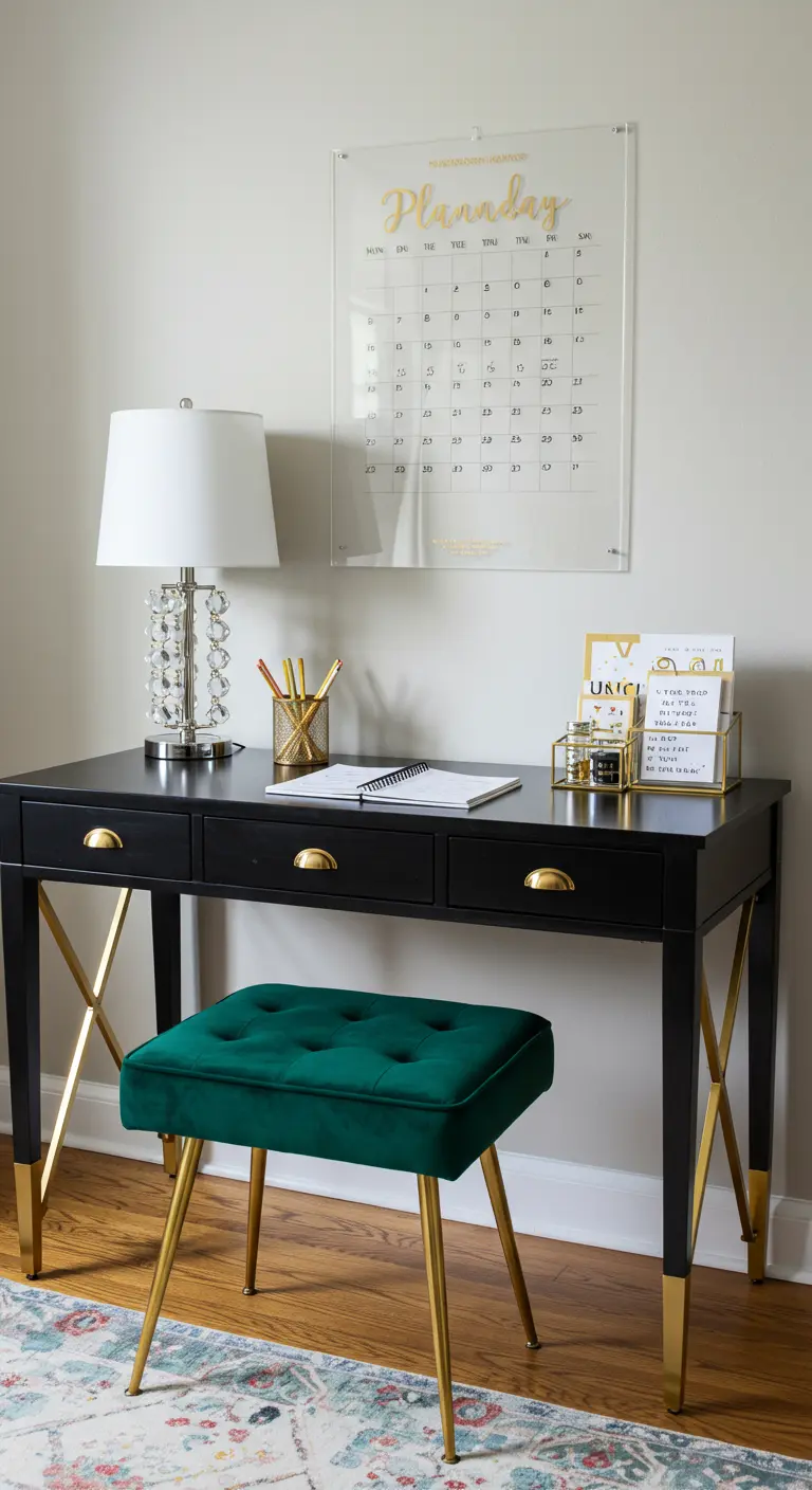 Escritorio elegante con calendario de acrílico y detalles dorados, y un taburete de terciopelo verde.