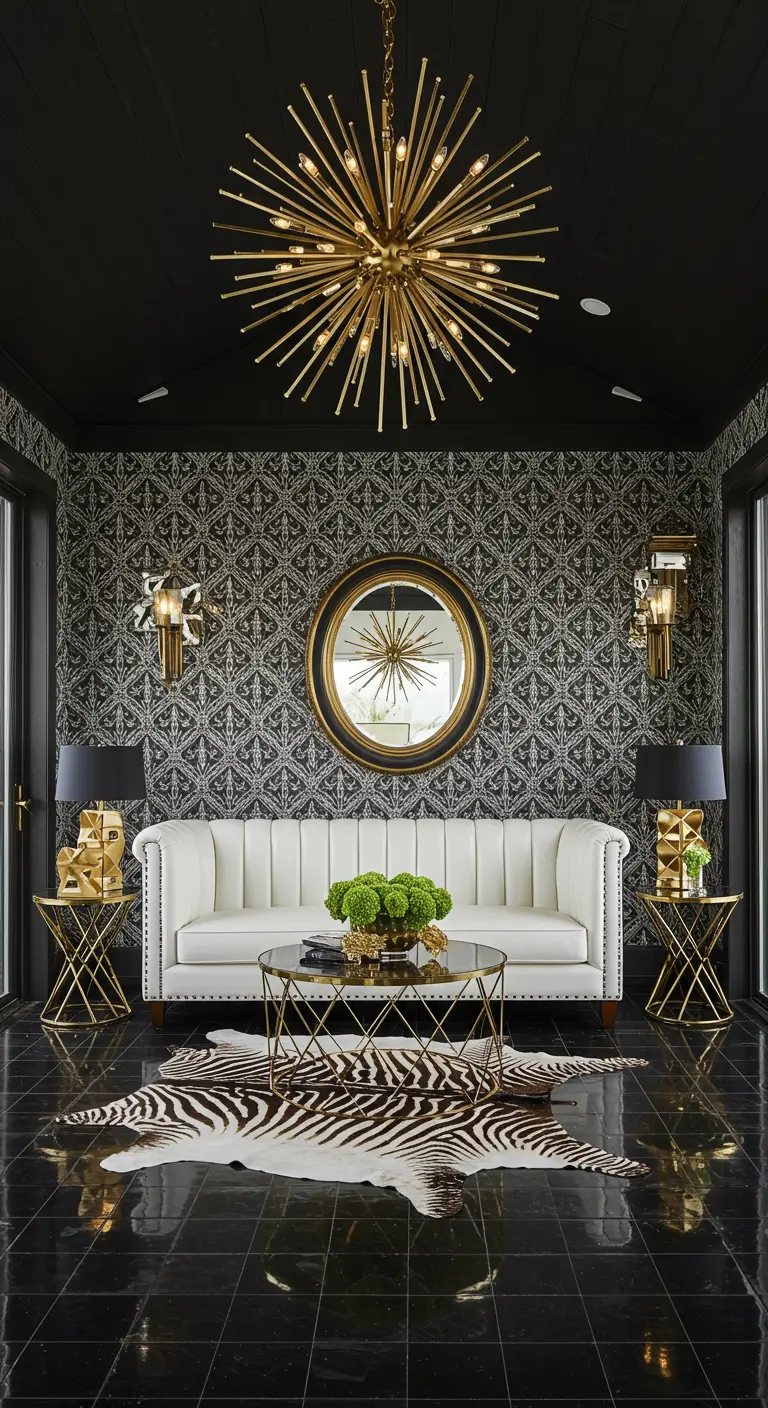 Salón glamuroso con paredes negras, sofá Chesterfield blanco y lámpara Sputnik dorada