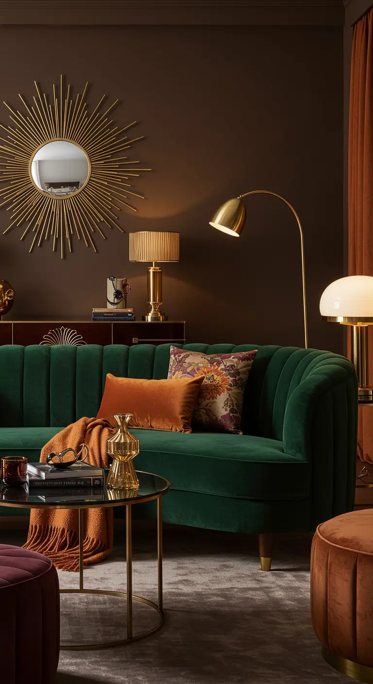 Sala de estar glamurosa con sofá de terciopelo verde, paredes marrones y un espejo sol dorado.
