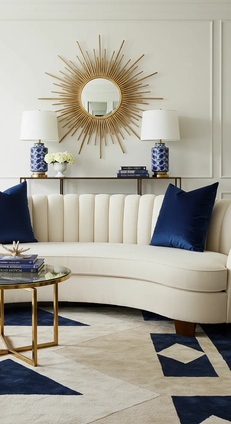 Sala de estar glamurosa con espejo sol dorado, sofá curvo y cojines de terciopelo azul