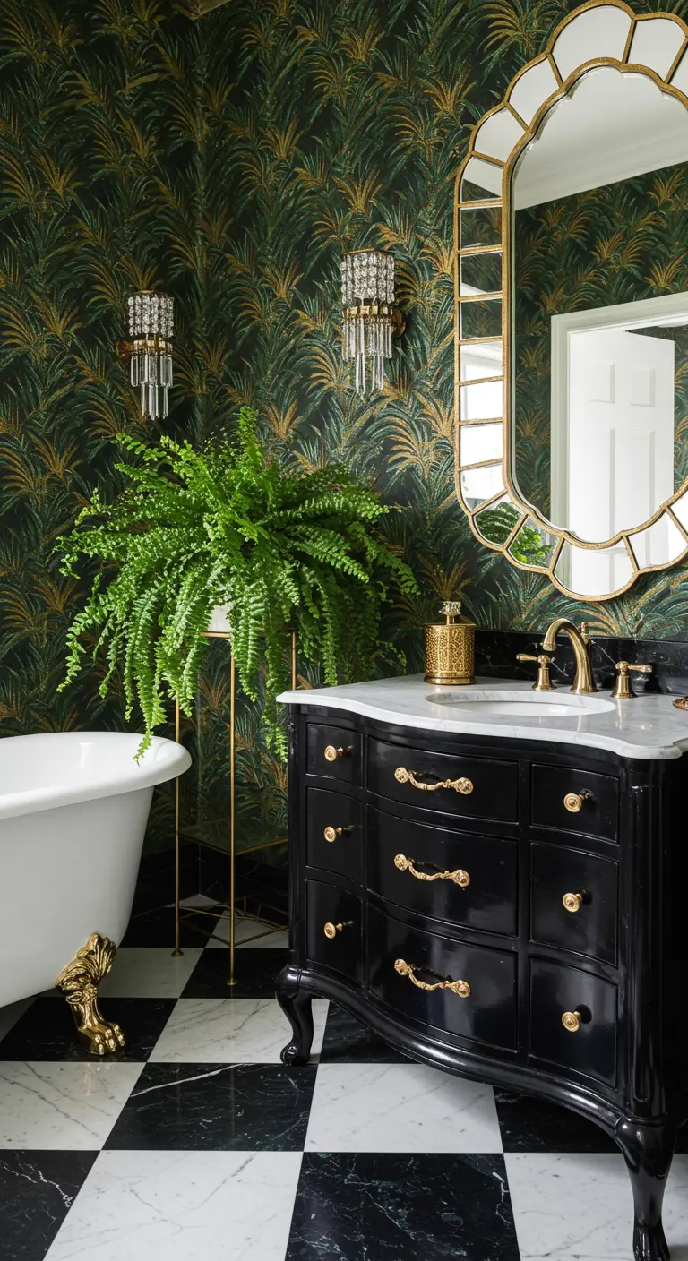 Baño glamuroso con papel de pared de palmeras, mueble negro y detalles dorados