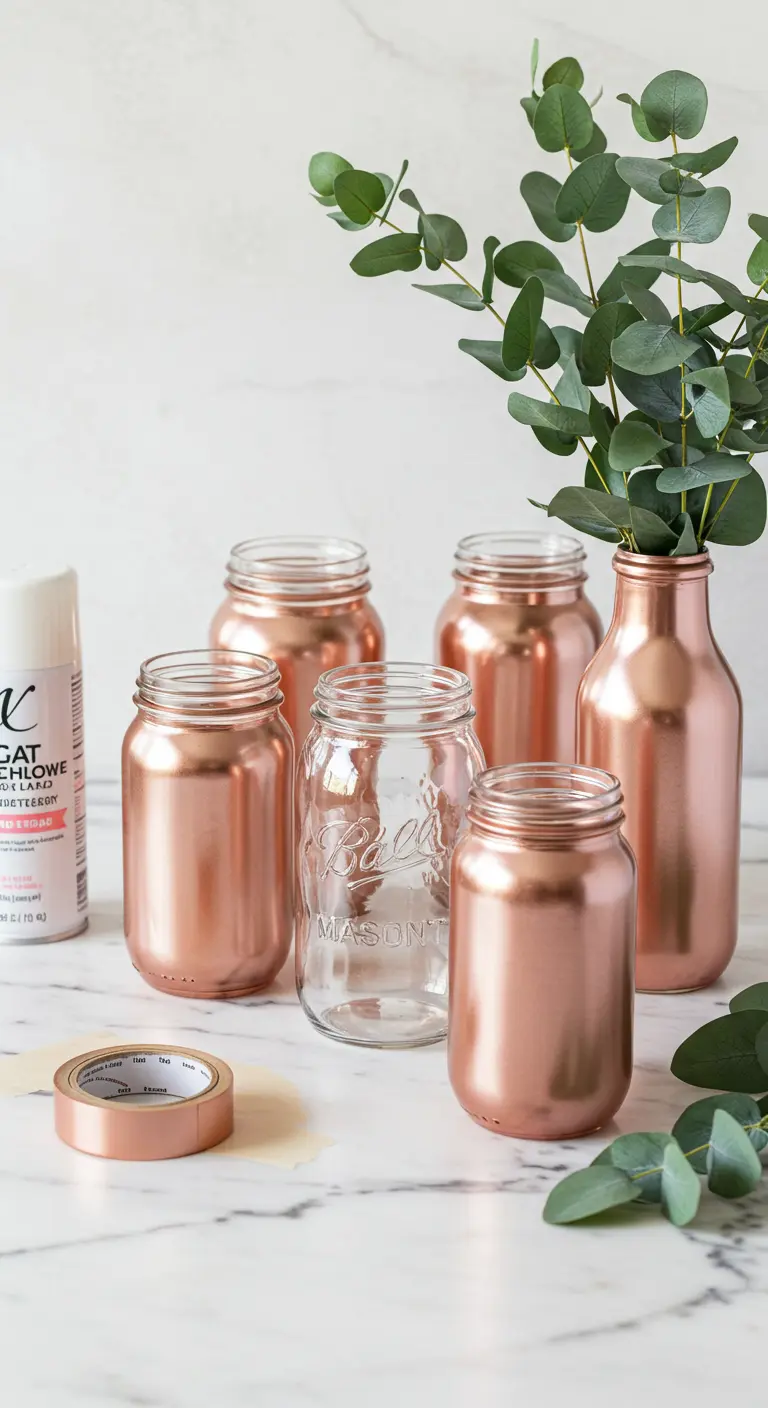 Frascos de vidrio pintados con spray de color oro rosa junto a un jarrón con eucalipto.