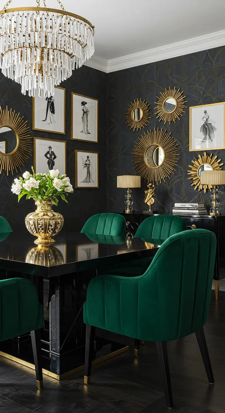 Comedor glamuroso con pared de galería de espejos dorados e ilustraciones de moda