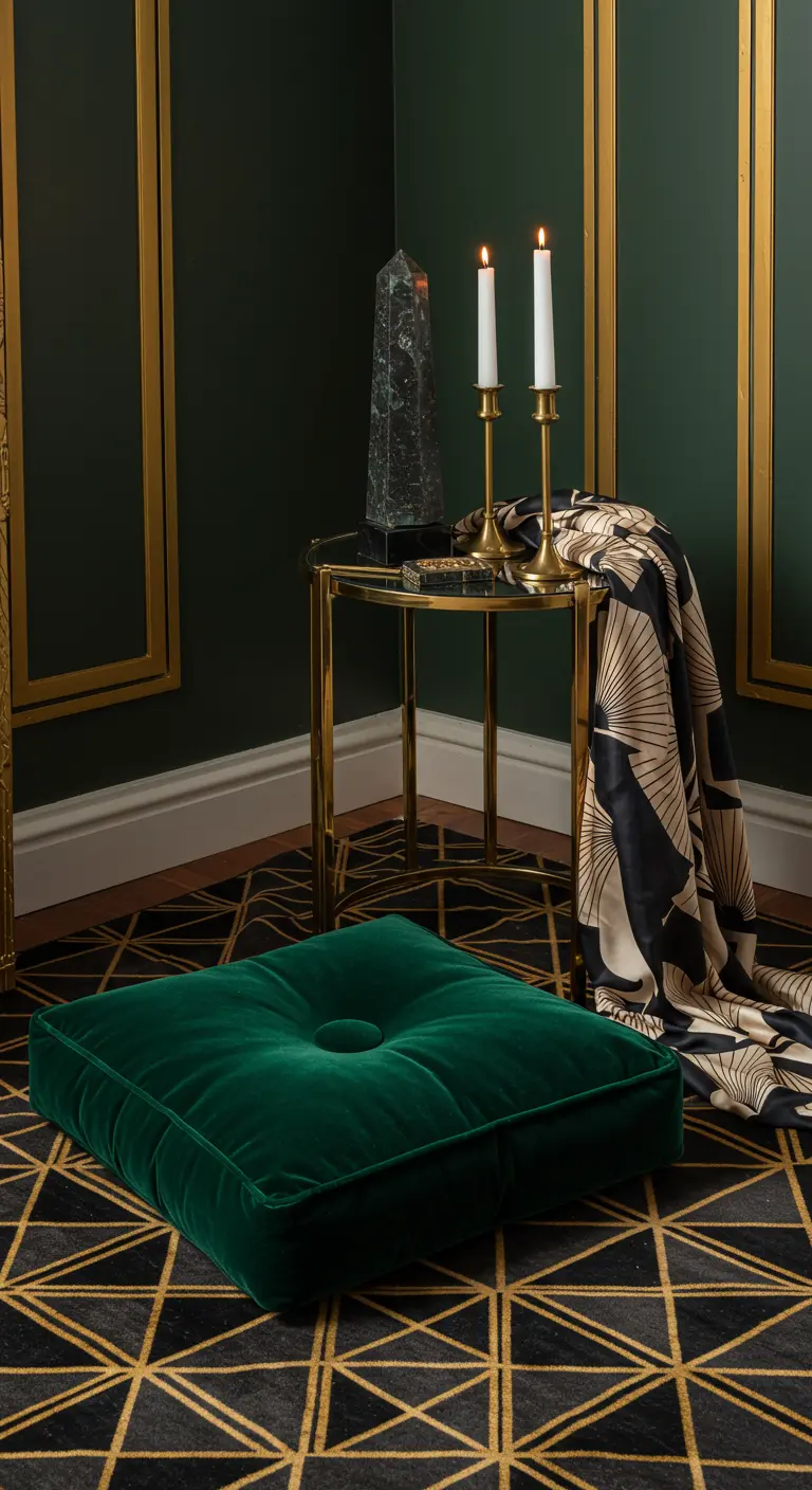 Rincón de meditación Art Déco con cojín de terciopelo verde y detalles dorados.