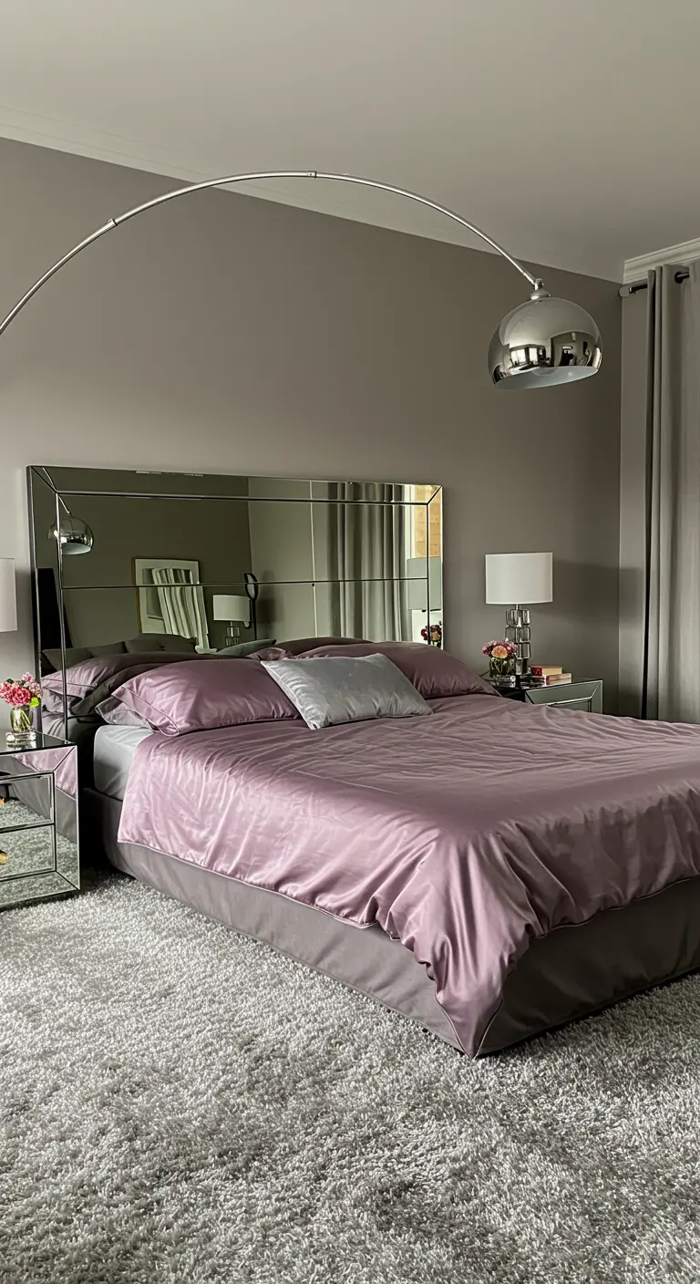 Dormitorio de los 80 con cabecero de espejo, ropa de cama de satén malva y alfombra gris.